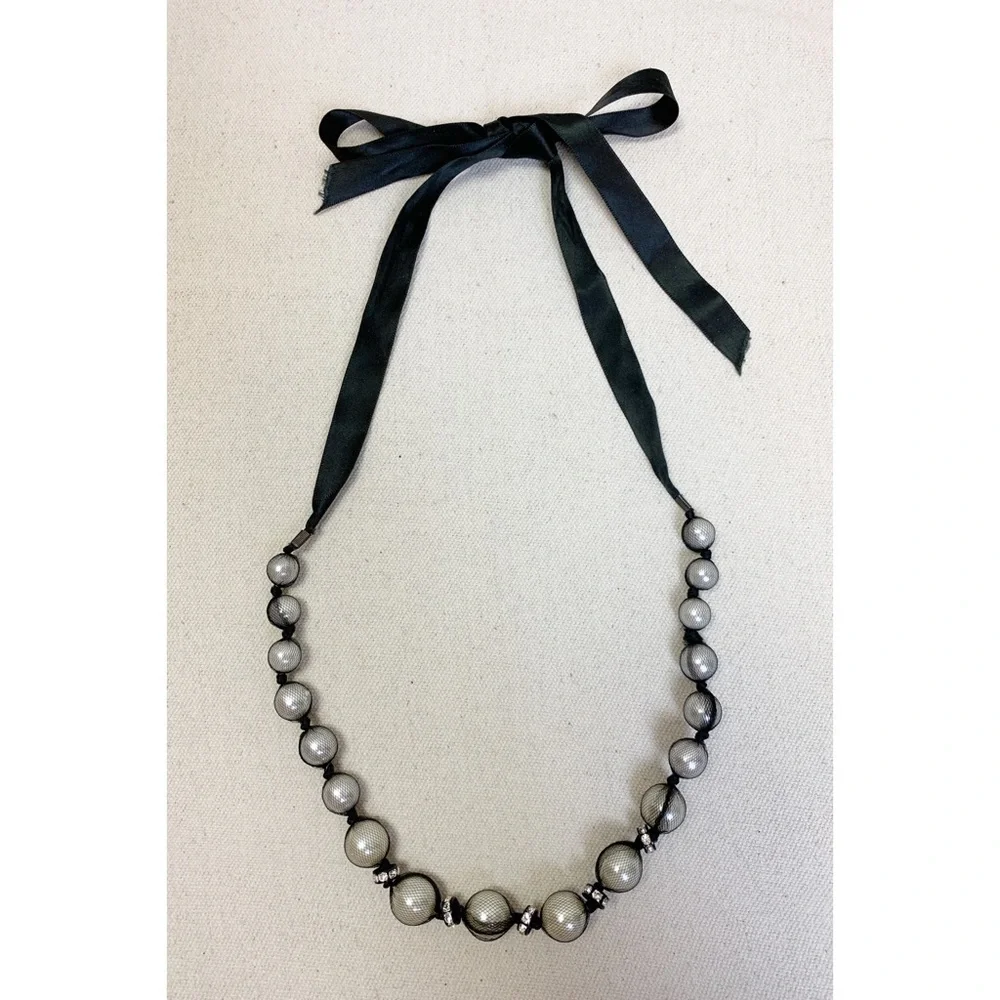 Black Satin Ribbon Mesh Faux Pearl Necklace
